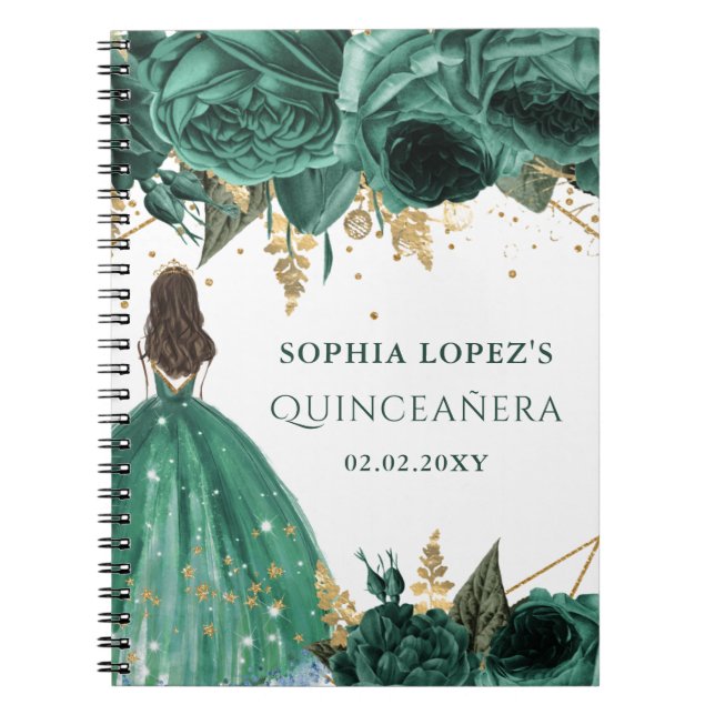 Cuaderno Princesa floral de oro verde esmeralda Quinceanera (Frente)