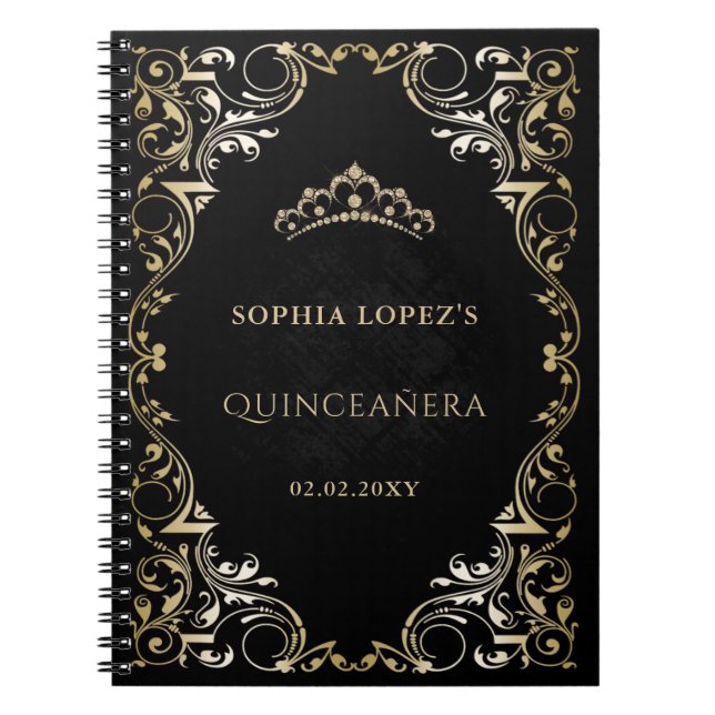Cuaderno Princesa Rustica de Oro Negro Tiara Quinceanera (Frente)