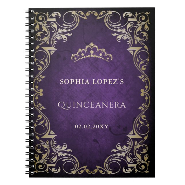 Cuaderno Princesa Rustica de Oro Púrpura Tiara Quinceanera (Frente)
