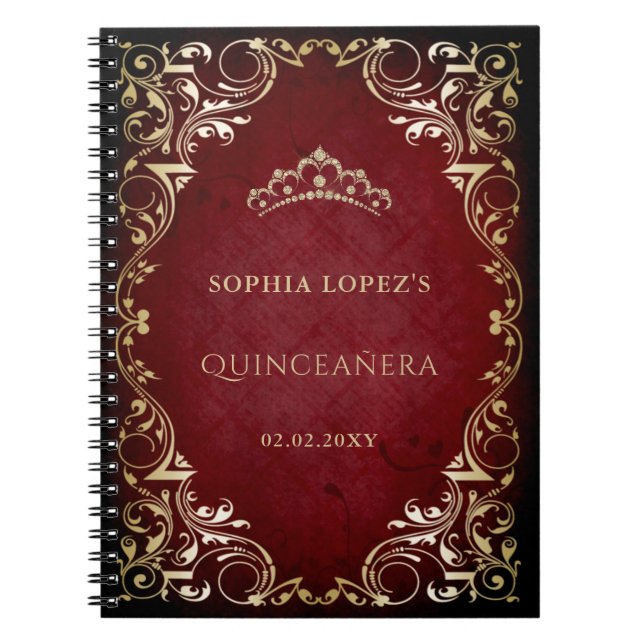 Cuaderno Princesa Rustica de Oro Rojo Tiara Quinceanera (Frente)