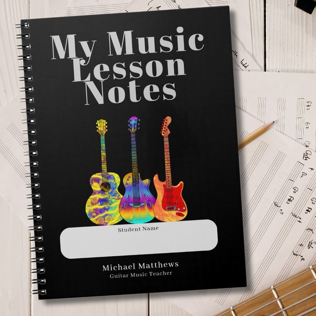 Cuaderno Profesor de Guitarra Lecciones de Música Estudiant (Guitar teacher custom student notebook for music lesson notes Colorful psychedelic guitar artwork)