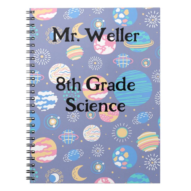 Cuaderno Profesor personalizado con planetas en azul marino (Frente)