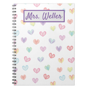 Cuaderno Profesora personalizada con corazones acuarelas