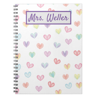 Cuaderno Profesora personalizada con corazones acuarelas