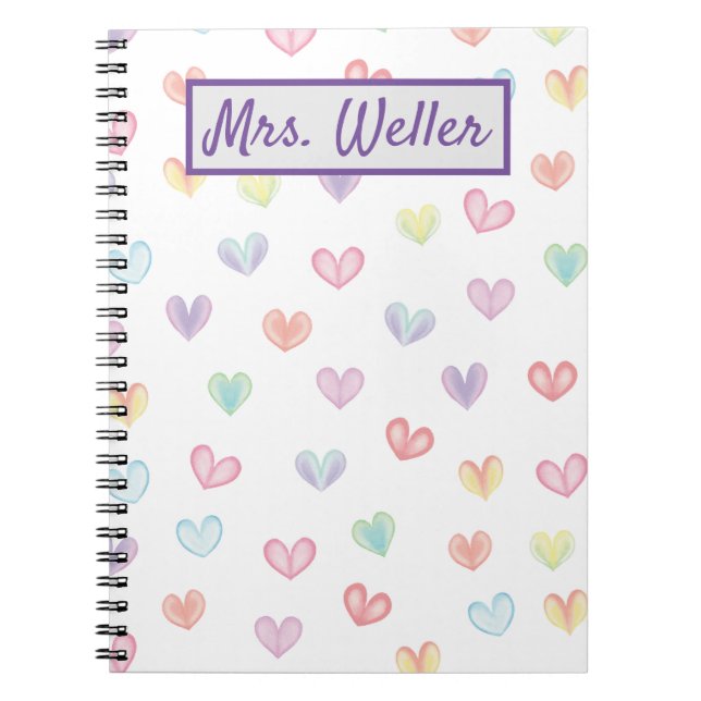 Cuaderno Profesora personalizada con corazones acuarelas (Frente)