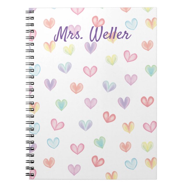 Cuaderno Profesora personalizada con corazones acuarelas (Frente)