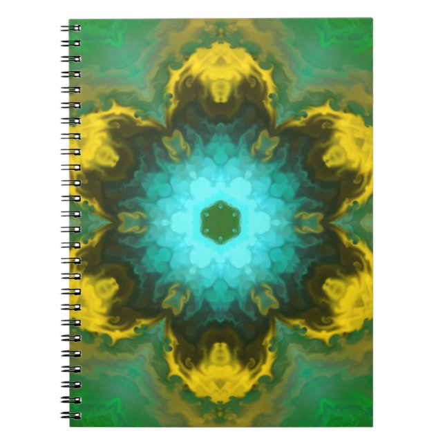 Cuaderno Psicodélico Mandala Flor Verde azulado Amarillo y  (Frente)