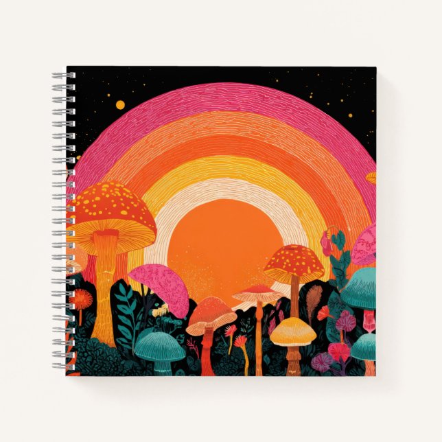 Cuaderno Psychedelic Mushroom Sunset – Retro Fantasy Nature (Anverso)