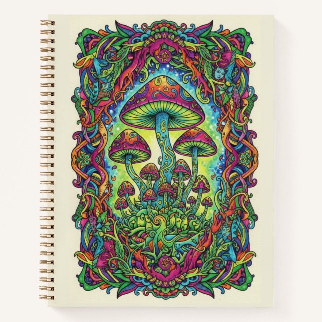 Cuaderno Psychedelic Neon Mushroom Forest Zen tangle (Anverso)