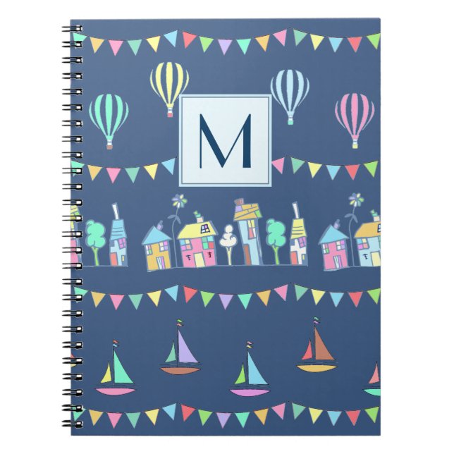 Cuaderno Pueblo Costero Barcos de Vela y Monograma de Bande (Frente)