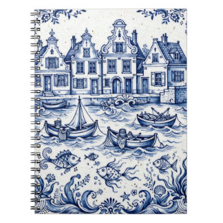 Cuaderno Pueblo de Delft y puerto de pesca Cobalto Azul Bla