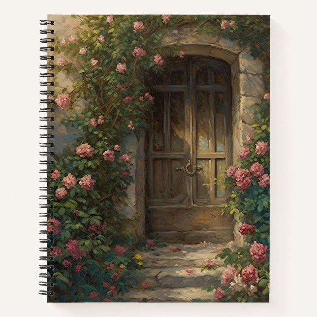 CUADERNO PUERTA DE MADERA OSCURA CON FLORES DE ROSA (Anverso)