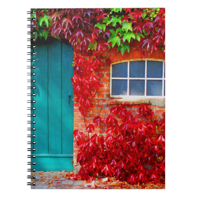 Cuaderno Puerta turquesa panorámica con hojas de otoño vívi (Frente)