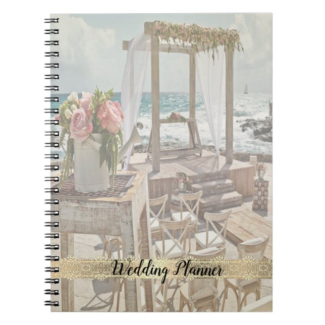 Cuaderno Puerto Retro Floral de Boda de Playa, Lace (Frente)