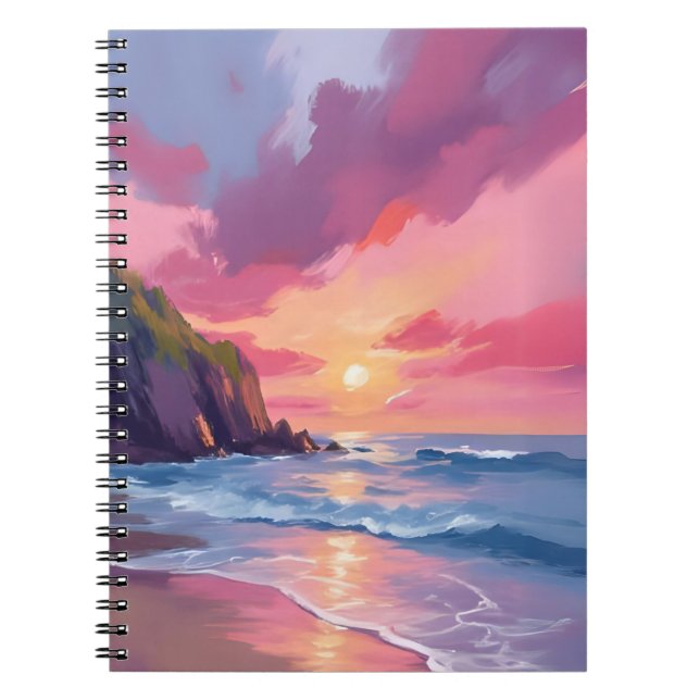 Cuaderno Puesta de sol rosa Océano Playa Olas Acuarela (Frente)
