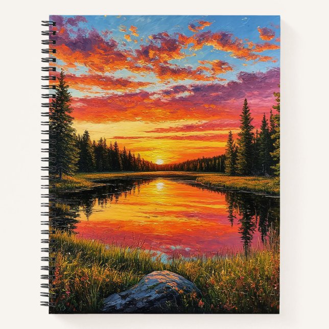 Cuaderno Puesta de sol sobre el río tranquilo del bosque (Anverso)