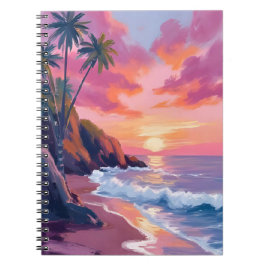 Cuaderno Puesta de sol tropical rosa Océano Acuarela