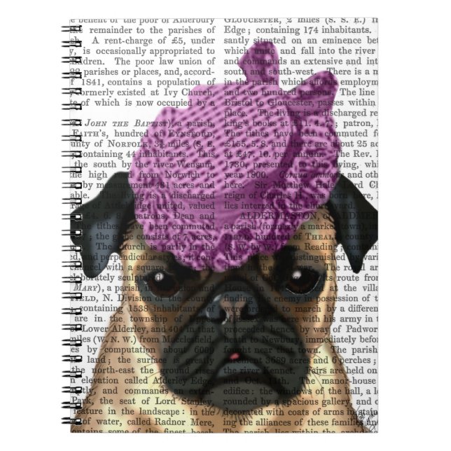 Cuaderno Pug con Gorra púrpura vintage (Frente)