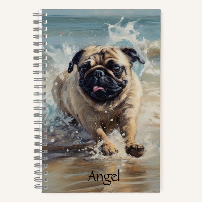 Cuaderno Pug Feliz en la Playa personalizable (Anverso)