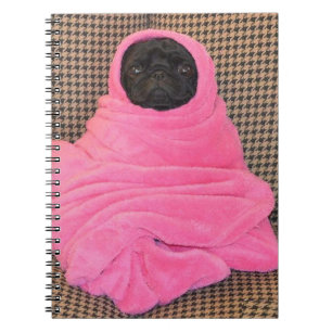 Cuaderno Pug negro en una manta rosada