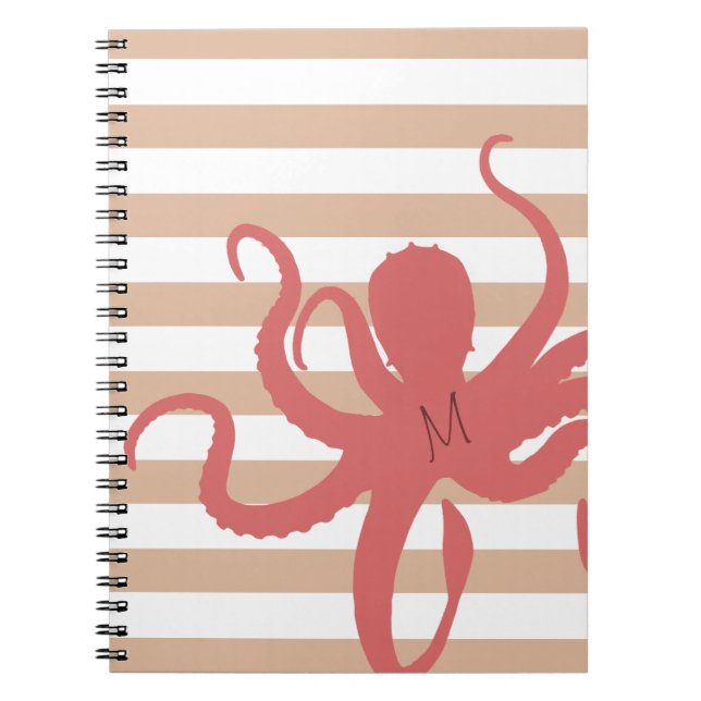 Cuaderno Pulpo rojo playa moderna arena blanca rayada (Frente)
