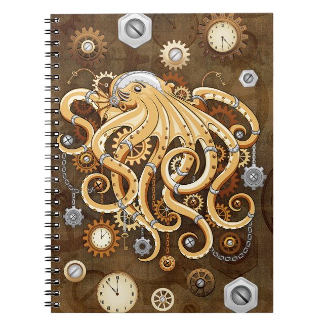 Cuaderno Pulpo Steampunk Retro Fantasía Mecánica (Frente)