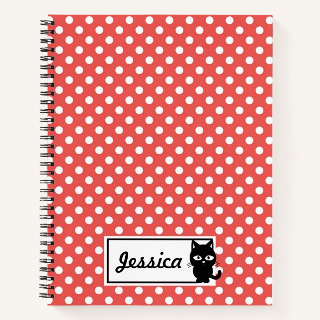 Cuaderno Punto de polka roja y gato negro personalizado (Anverso)