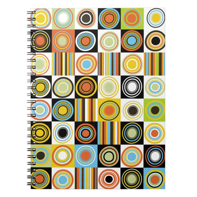Cuaderno Puntos, círculos, fondo de rayas coloridas. (Frente)