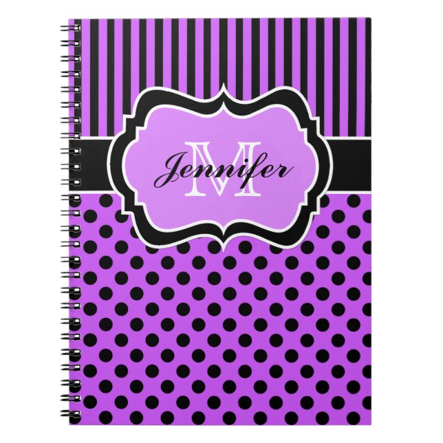 Cuaderno Puntos de Polka a rayas blancas negras personaliza (Frente)
