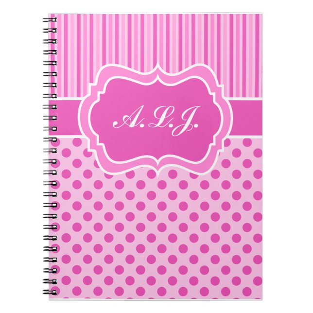Cuaderno Puntos de Polka a rayas blancas y rosadas personal (Frente)