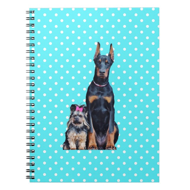 Cuaderno Puntos de Polka Azul de Yorkshire Terrier Doberman (Frente)