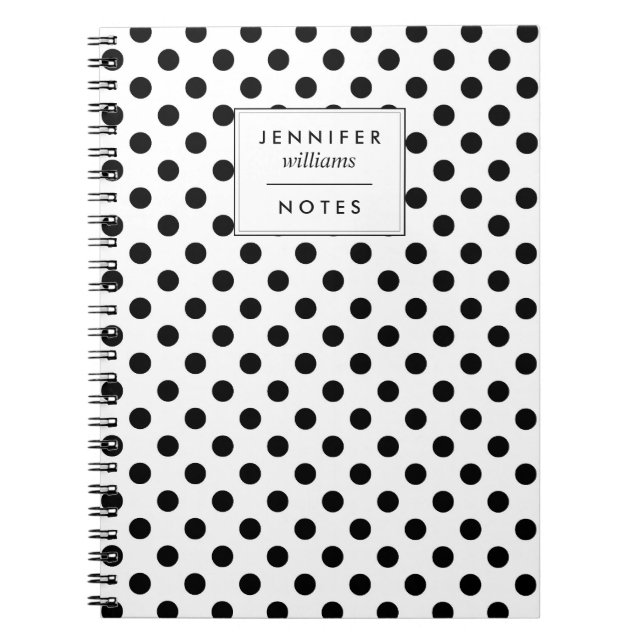 Cuaderno Puntos de polka blancos y negros personalizados (Frente)