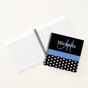 Cuaderno Puntos de Polka en Monograma Azul Blanco Negro