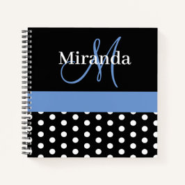 Cuaderno Puntos de Polka en Monograma Azul Blanco Negro