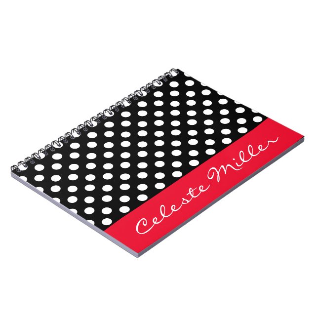 Cuaderno Puntos de polka negros y blancos con acento rojo (Lado Izquierdo)