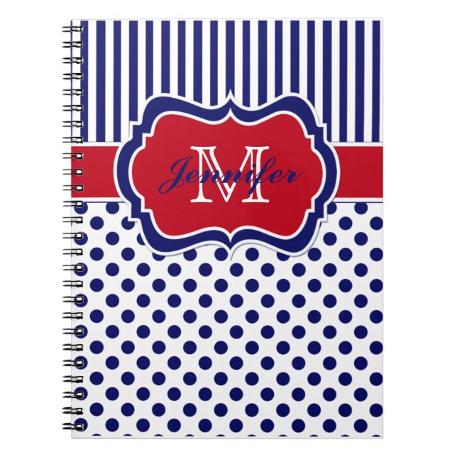 Cuaderno Puntos de polka rayados rojos y blancos personaliz (Frente)