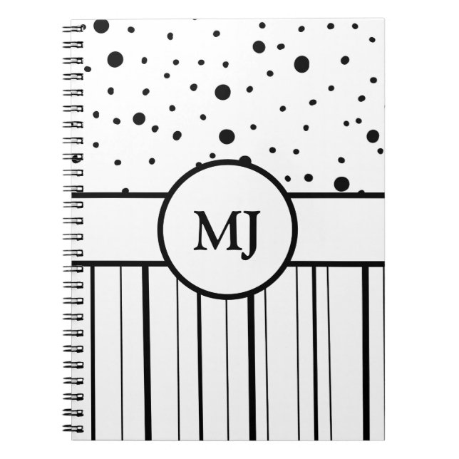 Cuaderno Puntos y franjas de polka blanco negro monogramado (Frente)