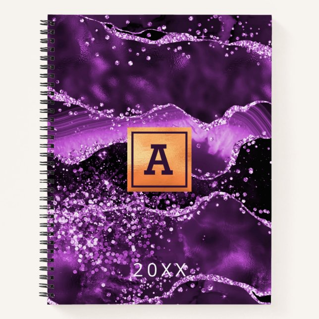 Cuaderno Purple agate purpurina de mármol rosa nombre oro (Anverso)