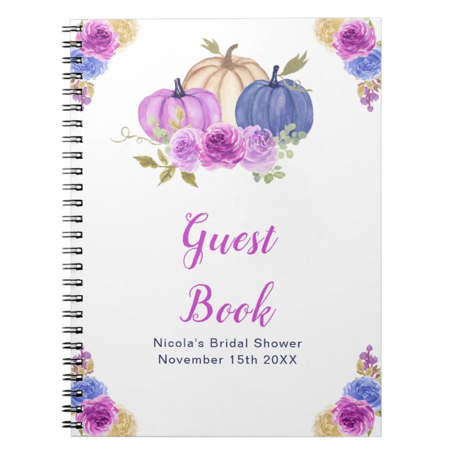 Cuaderno Purple and Navy Blue Floral Pumpkins Bridal Shower (Frente)