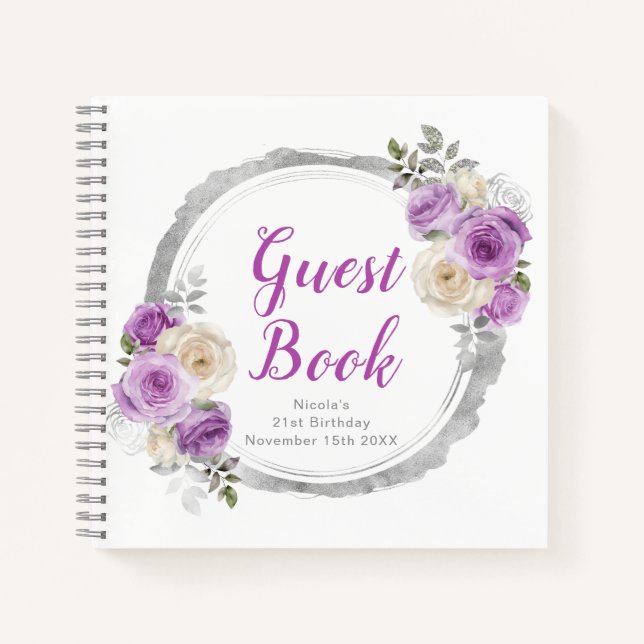 Cuaderno Purple and Silver Elegant Flowers Birthday Party (Anverso)