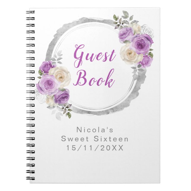 Cuaderno Purple and Silver Elegant Flowers Sweet Sixteen (Frente)