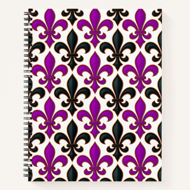 Cuaderno Purple Black Baroque Fleur-de-lis Pattern Design  (Anverso)