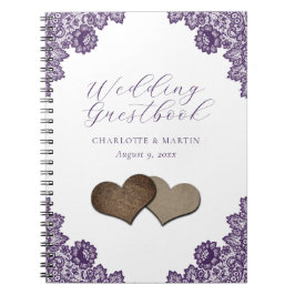 Cuaderno Purple Floral Lace Burlap Hearts Wedding Guestbook