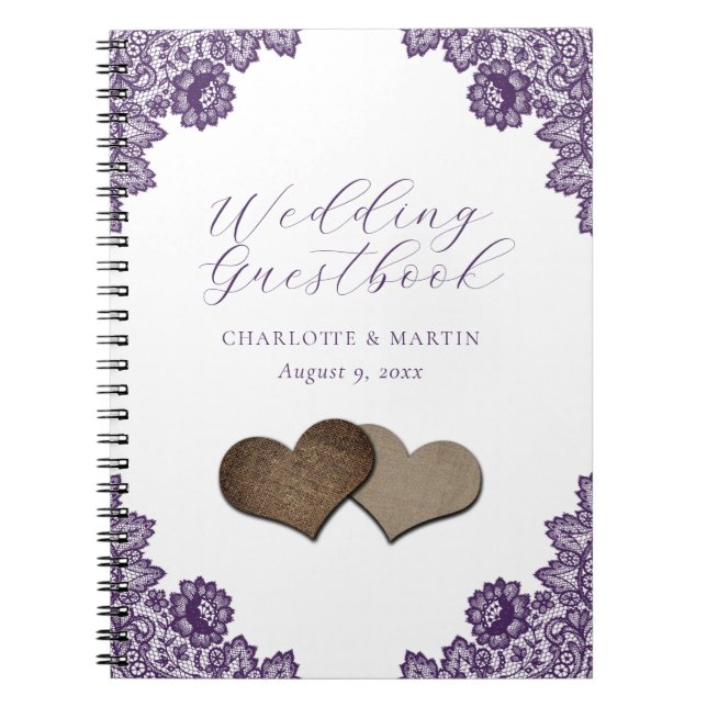 Cuaderno Purple Floral Lace Burlap Hearts Wedding Guestbook (Frente)