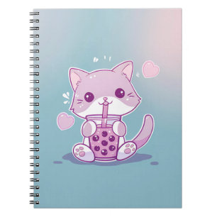 Cuaderno Purple Kawaii Cat Bebiendo Boba Tea Note Book