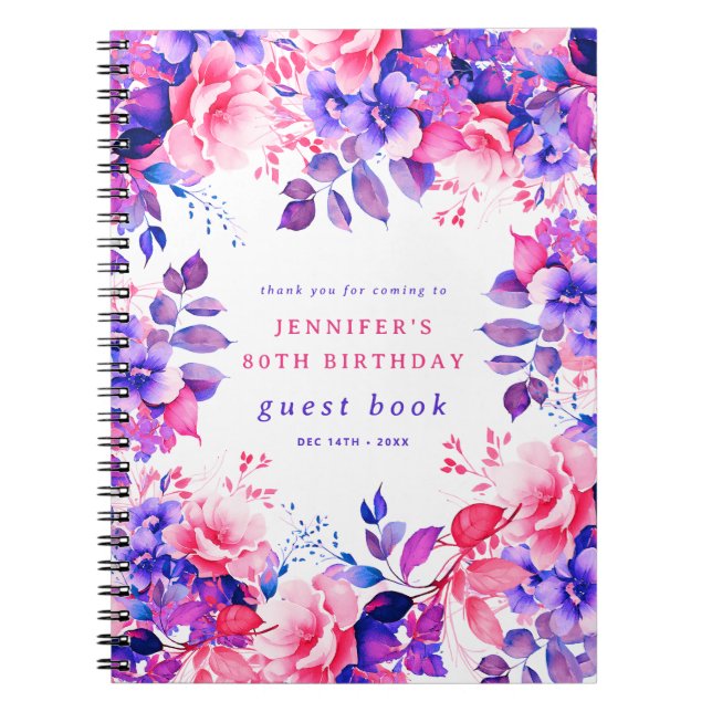 Cuaderno Púrpura acuarela Floral 80 cumpleaños libro de inv (Frente)