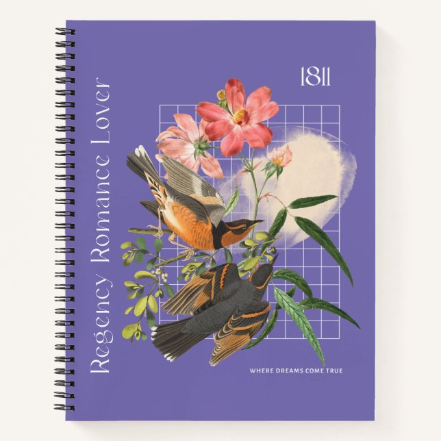 Cuaderno Púrpura con motivos de pájaros y flores (Anverso)