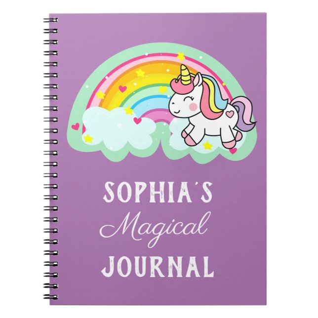 Cuaderno Púrpura de unicornio mágico de arcoiris suave (Frente)