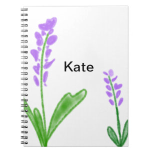 Cuaderno Púrpura lavanda floral acuarela agregar nombre tex