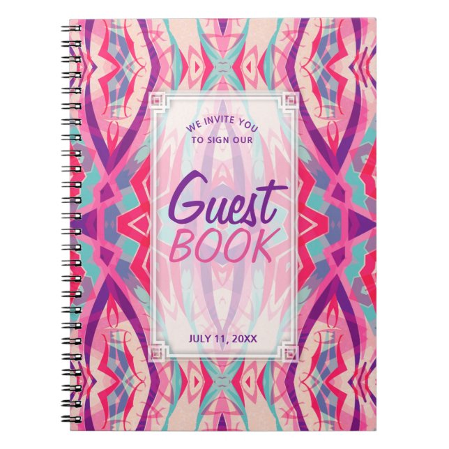 Cuaderno Púrpura Pink Aztec Boho Tribal Guest Book (Frente)